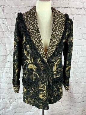 vtg cactus flower leopard tapestry Blazer women XS heavy maximalist boho glam